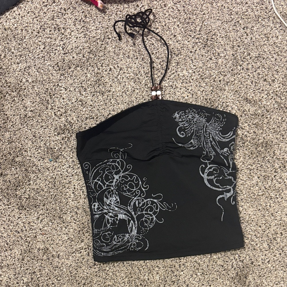 Black Tube Top with Silver Dragon Design - Size XS
